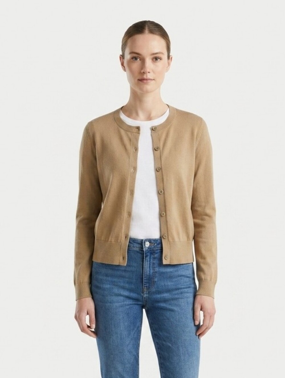 LOFT Tan Beige Button Front Crew Neck 100% Cotton Knit Cardigan Sweater Size M